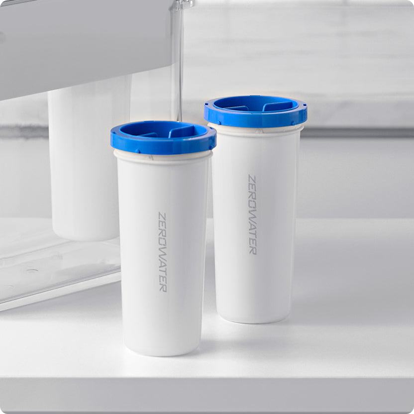 2 zerowater filters next to water dispenser on counter