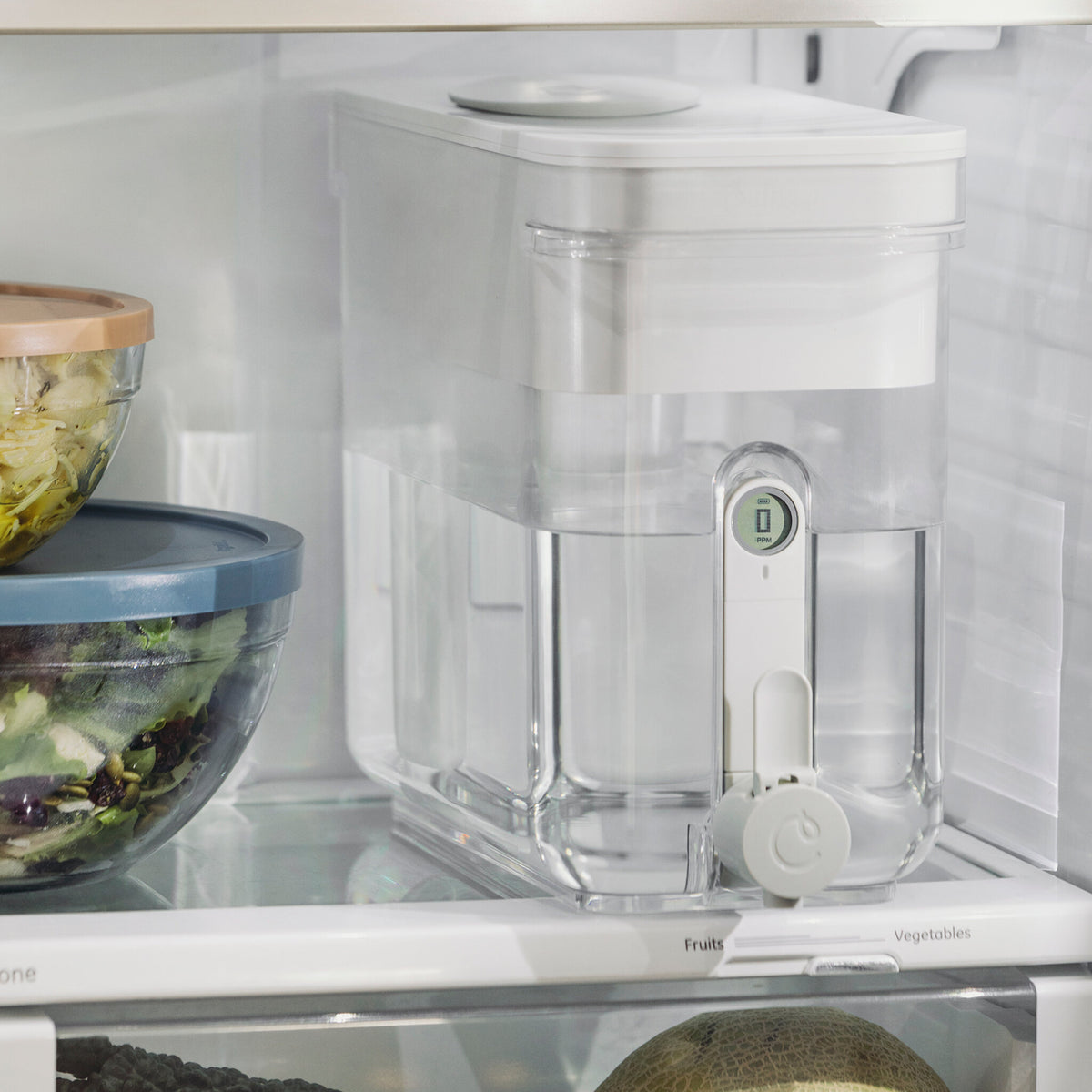 32 cup zerowater dispenser in refrigerator next to salad